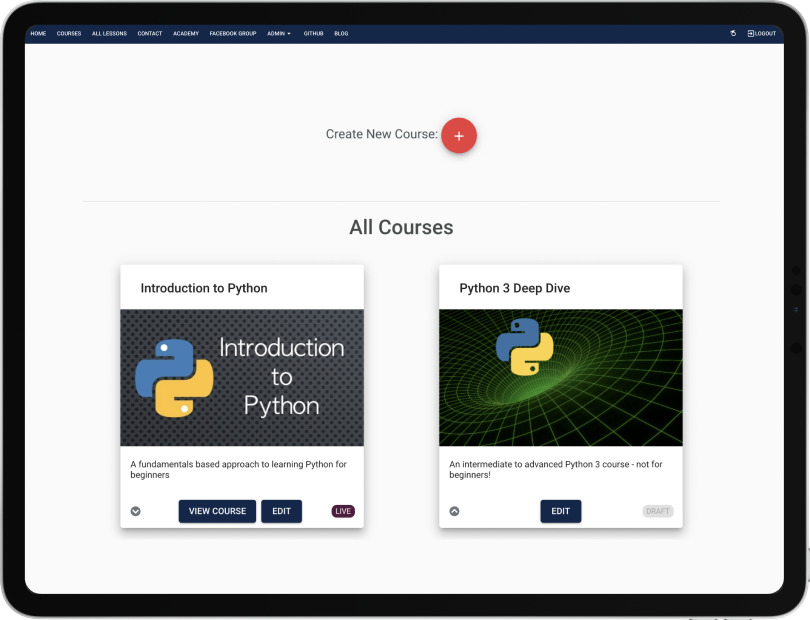 Example of the courses screen, inside the OnlineCourseHost.com platform
